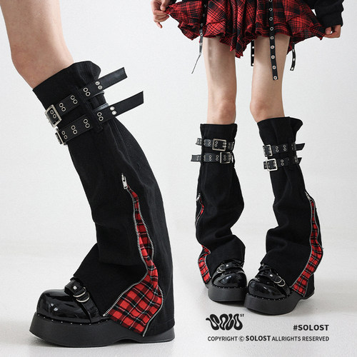Solost 亚文化牛仔格子腿套女微喇显瘦辣妹舞蹈穿搭长筒绑带袜套