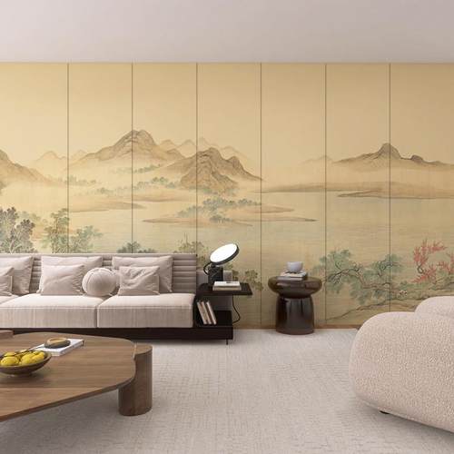 新中式山水背景墙碳晶板宋氏美学客厅沙发集成墙板茶室竹木纤维板