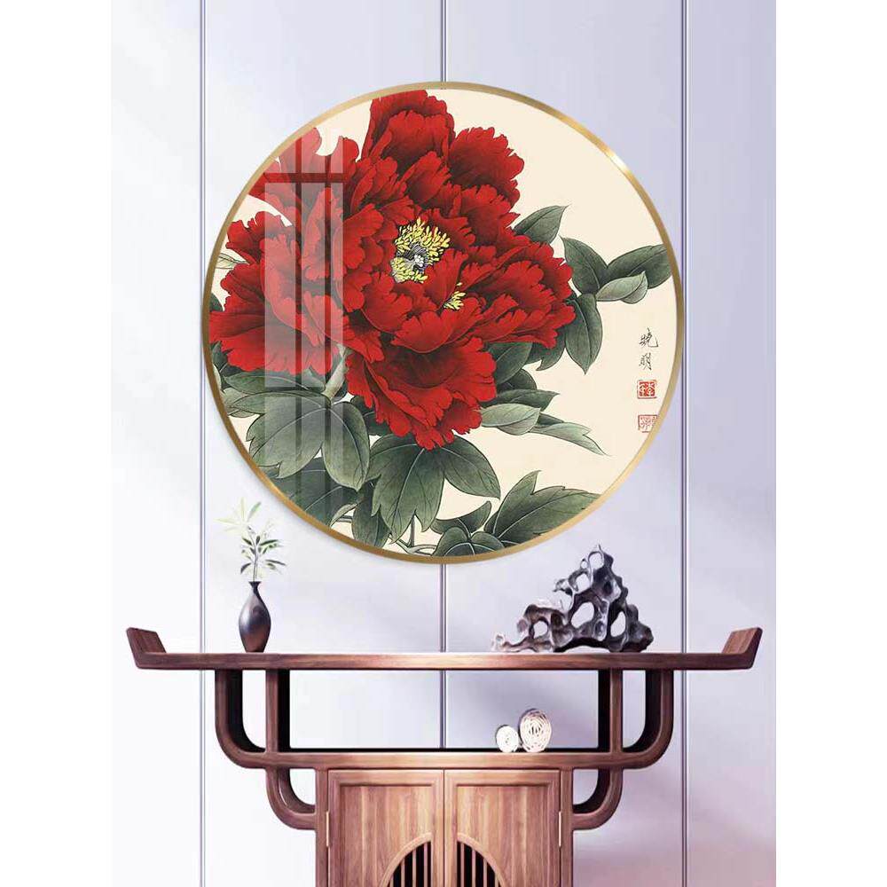 牡丹花装饰画客厅花开富贵挂画玄关中堂背景墙壁画圆形新中式花卉