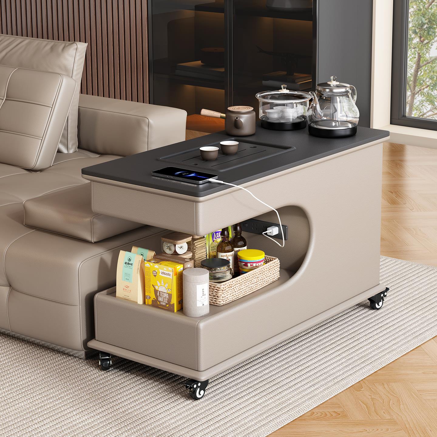 沙发边几岩板2025款客厅可移动沙发边柜一体烧水茶台小推车带排插