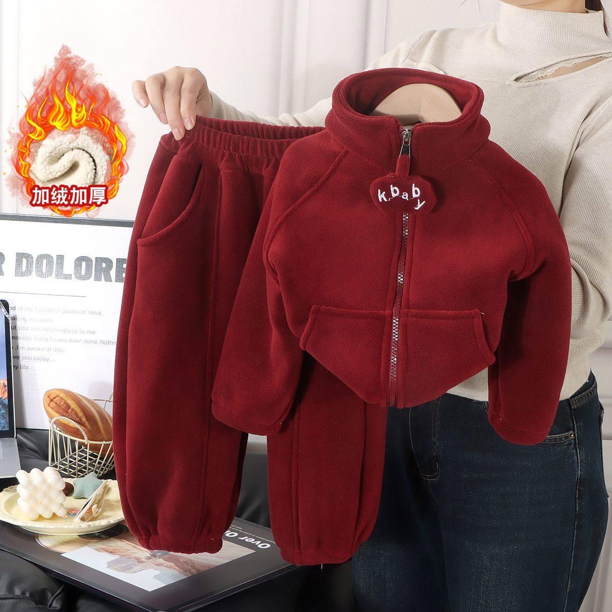 男女童2026新款过新年加厚卫衣外套红色两件套儿童冬套装加绒保暖