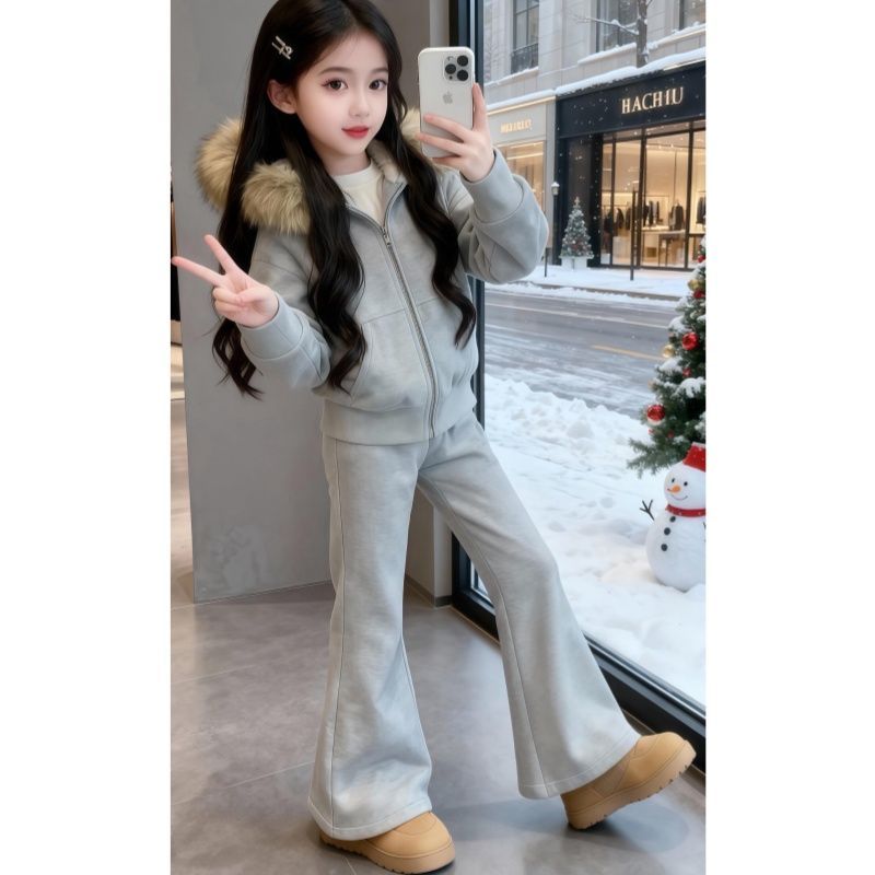 女童冬装套装加绒加厚2025新款秋冬季休闲外套阔腿裤两件套儿童装