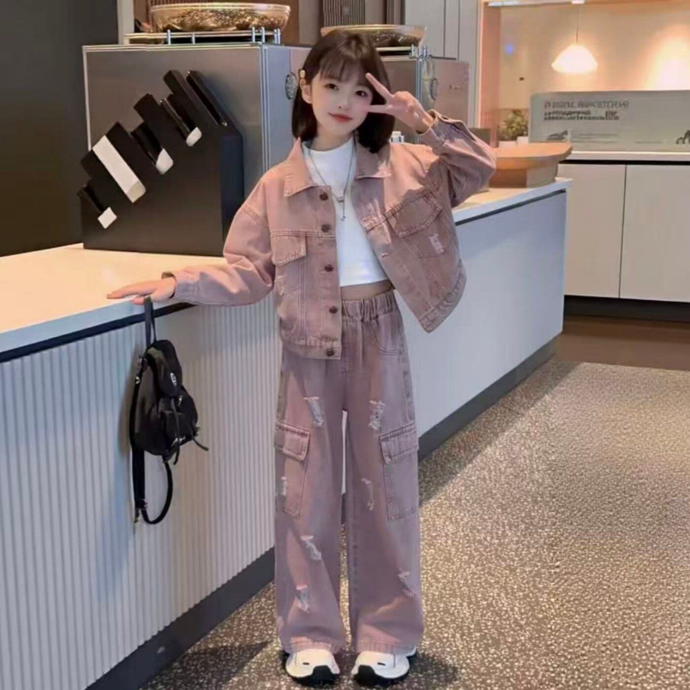 女童春秋季儿童短款外套衣服初中生女孩阔腿裤两件套超酷牛仔套装
