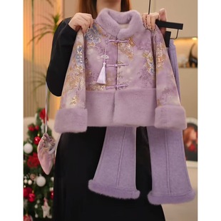 女童冬装新款拜年服儿童2026新中式国风唐装加绒加厚外套裤子套装