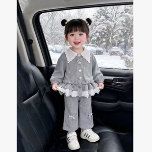 女童韩系套装2026春秋季新款儿童宝宝洋气翻领蕾丝花边卫衣喇叭裤