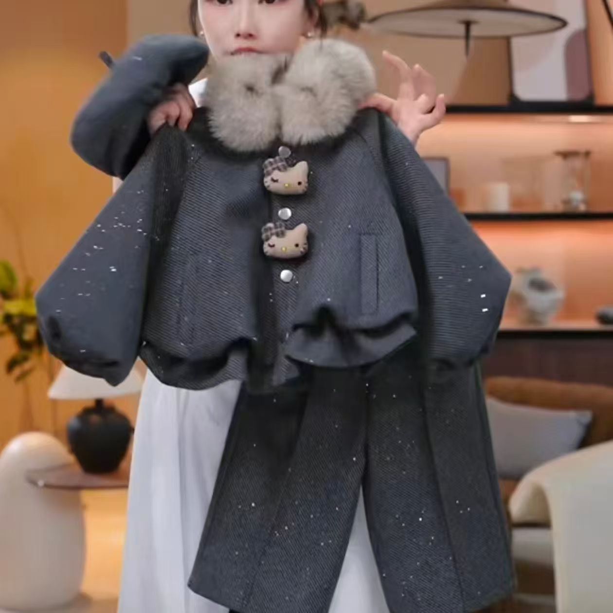 女童呢子加绒小香风套装新款秋冬毛领加厚外套假两件阔腿裤两件套