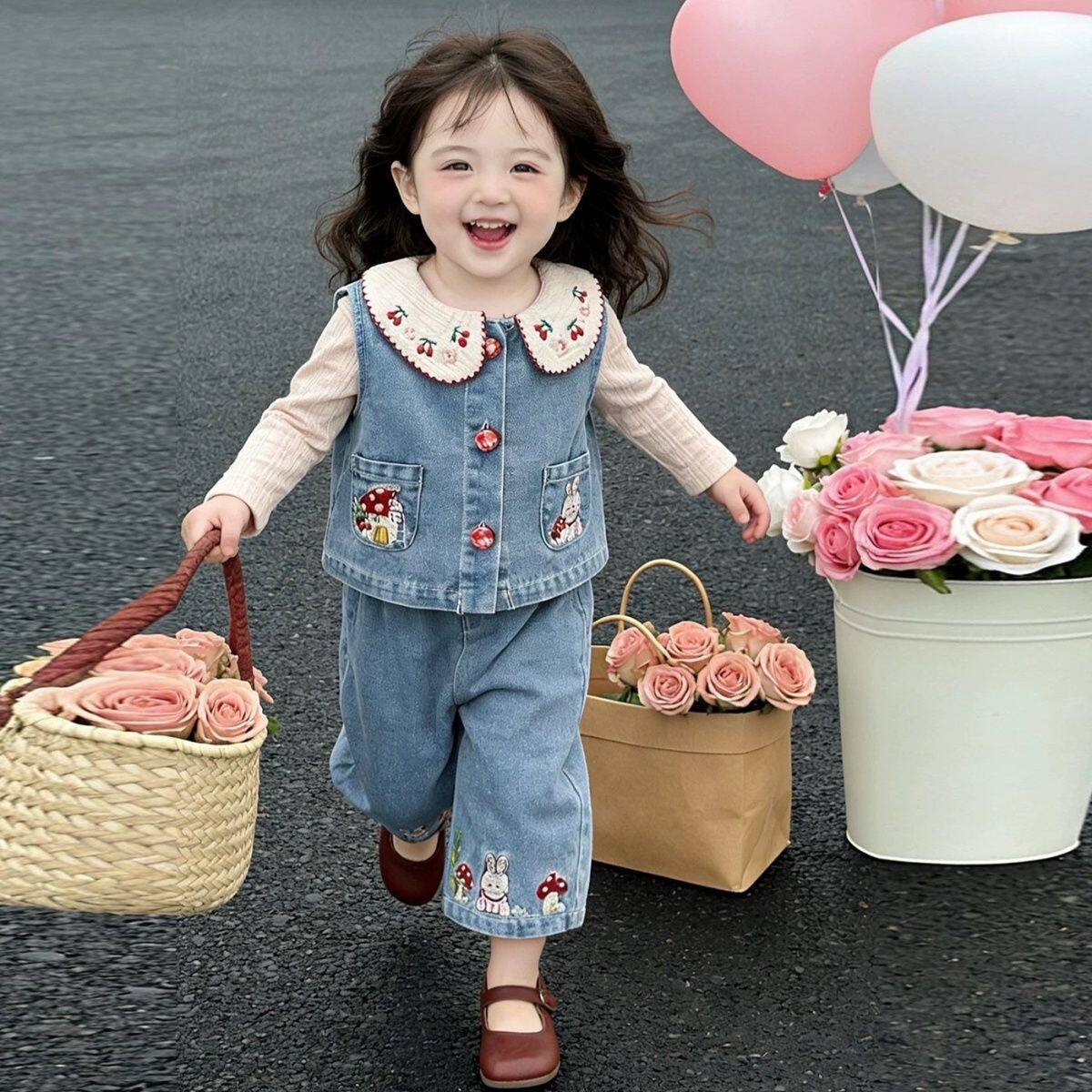 女童春装套装2026新款女宝洋气牛仔马甲裤子儿童绣花娃娃衫三件套