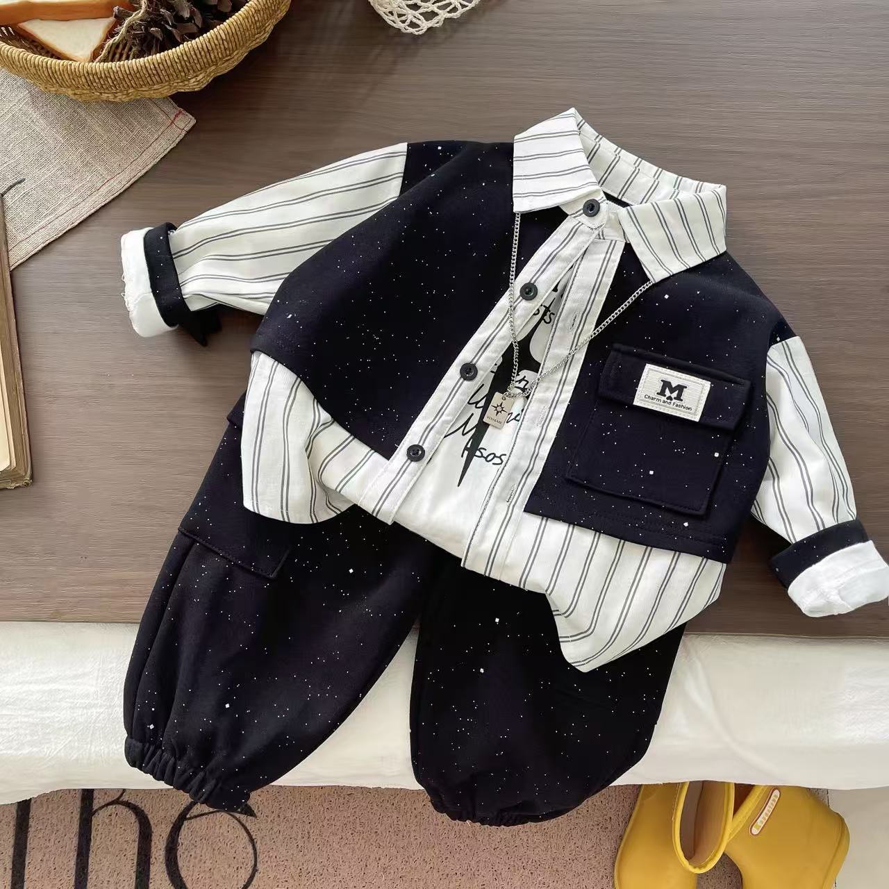 新款宝宝衣服韩版春装男童衬衫套装春秋季洋气儿童三件套童装