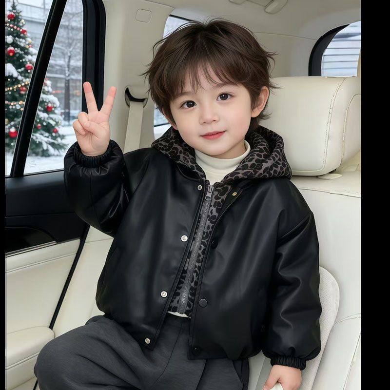 儿童加绒夹棉外套冬款男童假两件豹纹皮衣夹克衫加厚冬装洋气韩版