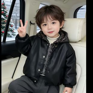 儿童加绒夹棉外套冬款男童假两件豹纹皮衣夹克衫加厚冬装洋气韩版