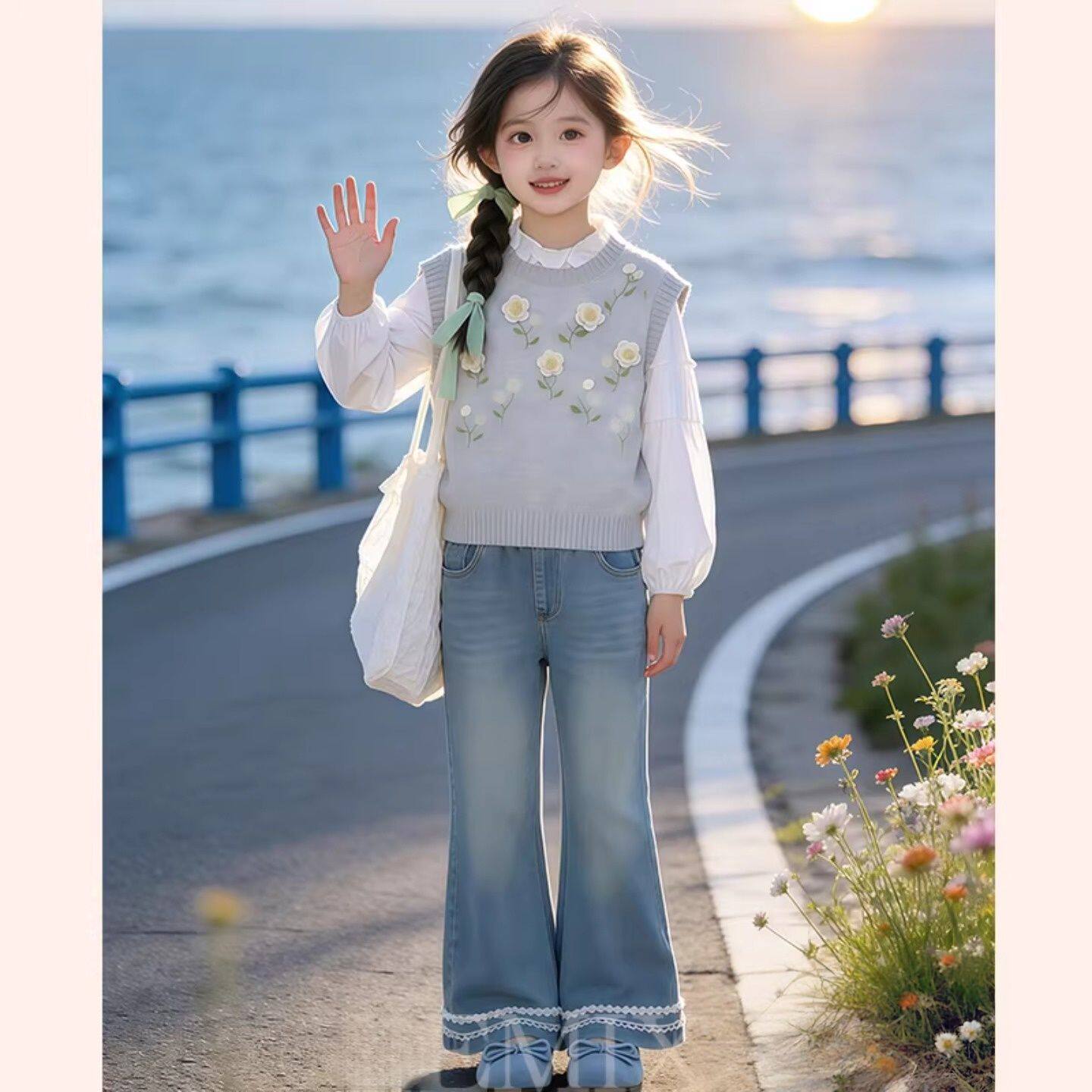 女童衬衫马甲牛仔裤套装2026新款春秋装甜美风长袖针织背心微喇裤