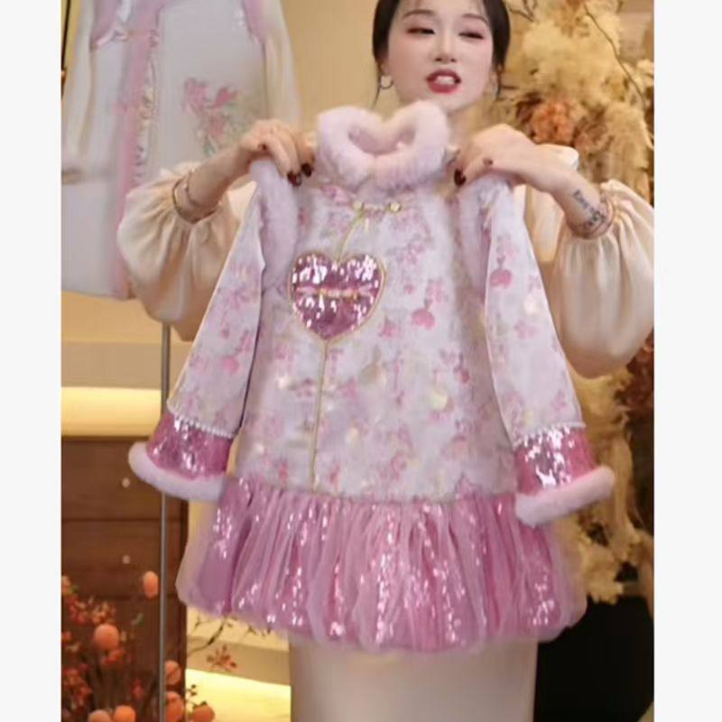 女童汉服冬装旗袍公主裙子儿童国风新中式拜年服小女孩过年连衣裙