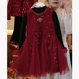 女童2026新款小香风背心裙冬装儿童加绒红色亮片网纱公主连衣裙子