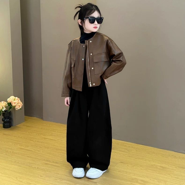 女童个性夹克2026新款春秋装外套女宝网红皮衣洋气炸街儿童三件套