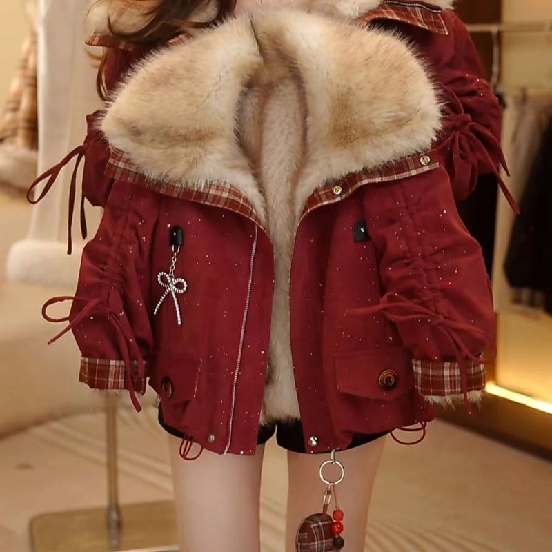 女童冬季外套防寒保暖仿皮草上衣仿大兔毛派克服新年红儿童冬装潮