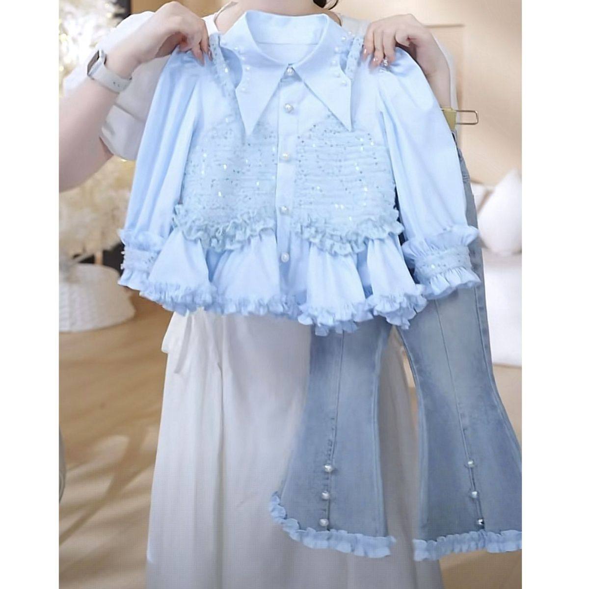 女童套装春季2026新款时尚儿童春秋款上衣衬衫牛仔喇叭裤两件套潮