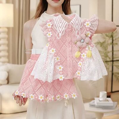 女童夏季套装2026新款粉色女宝蕾丝无袖郁金香上衣森系短裤两件套