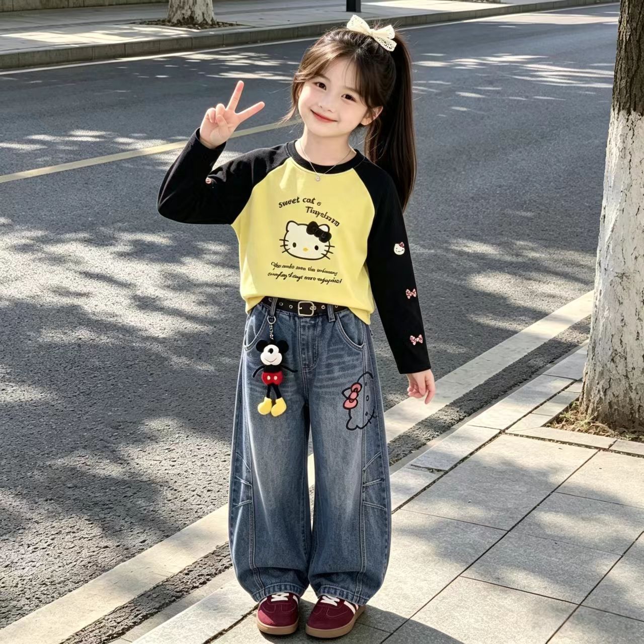 女童秋季可爱风撞色插肩袖KT猫印花长袖T恤新款宽松卡通上衣套装