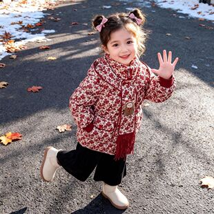 女童棉服冬装2025新款冬季加厚棉衣中长款带帽红色年服保暖拜年服