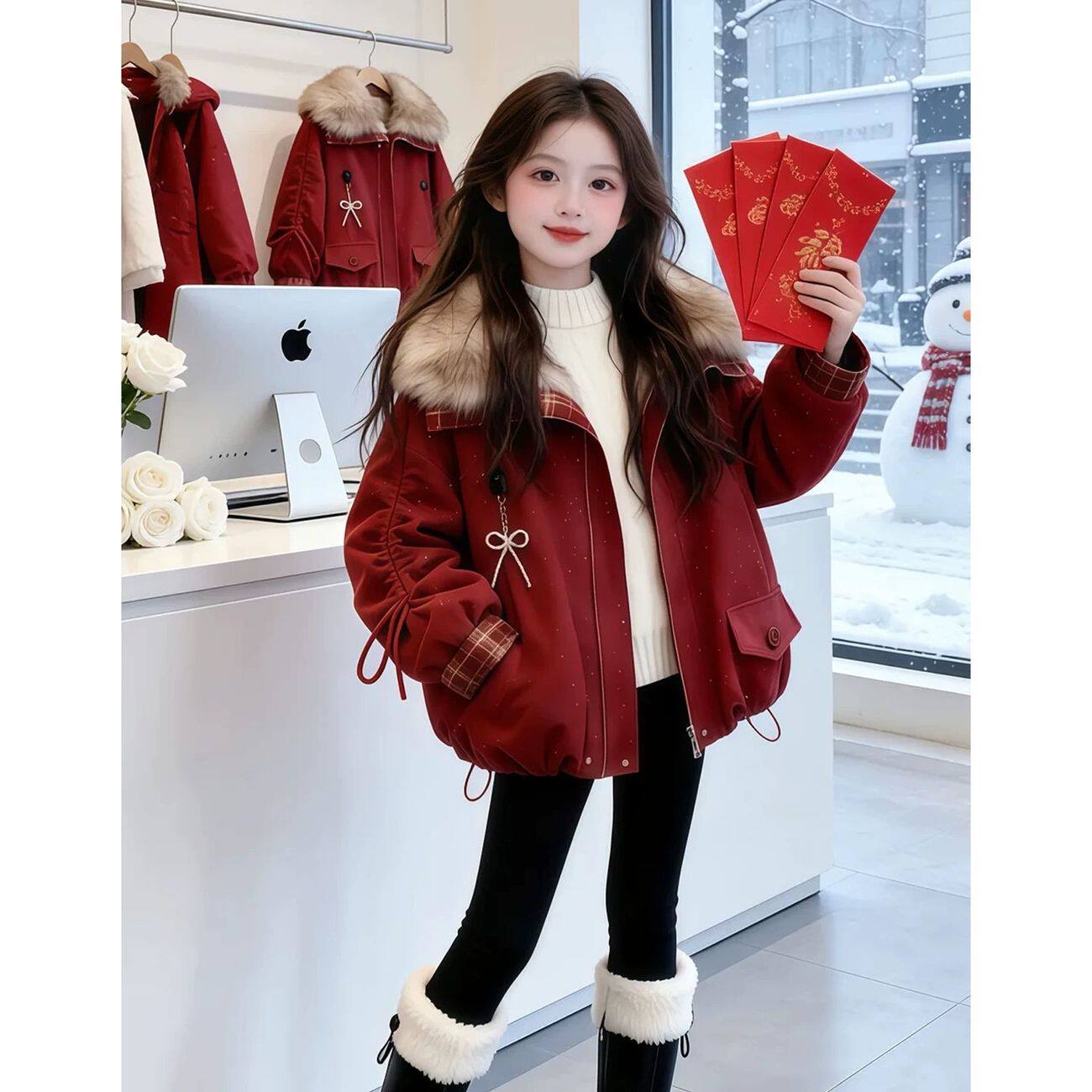 亲子装母女款冬季外套森系派克服女童时髦仿皮草棉服冬装年服上衣