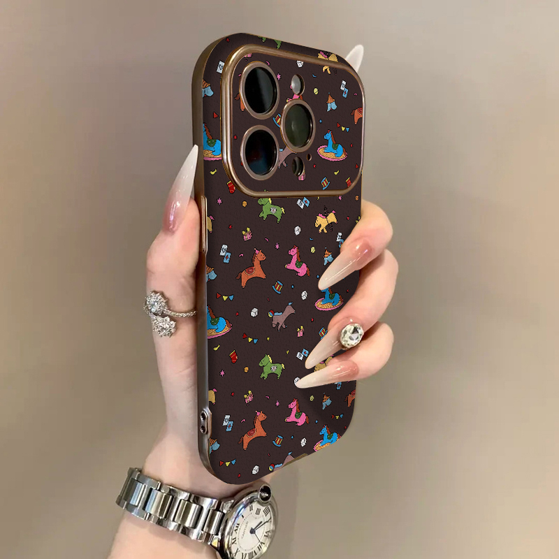 适用苹果17promax手机壳银灰电镀小羊皮质白iPhone16plus15pro新款14防摔13男12女款11高级可爱卡通满屏木马