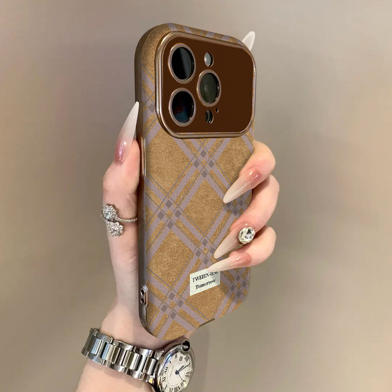 适用苹果17promax手机壳银灰色电镀翻毛皮棕iPhone16plus15pro新款14防摔13男12女款11高级可爱卡通灰粉格子