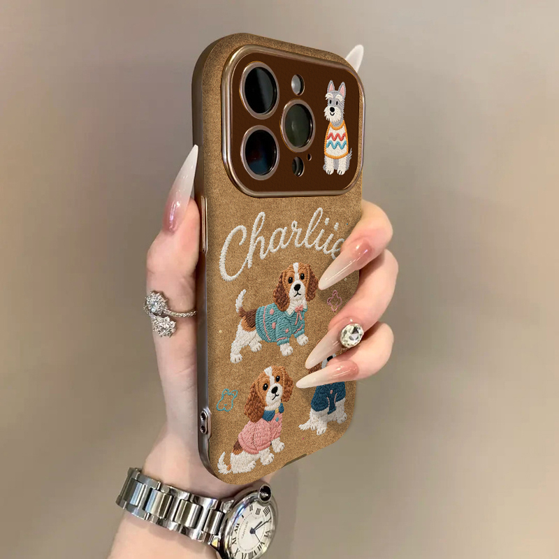 适用苹果17promax手机壳银灰色电镀翻毛皮质棕iPhone16plus15pro新款14防摔13男12女款11高级可爱卡通刺绣狗