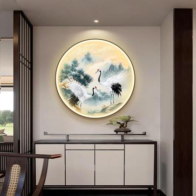松鹤延年入户玄关装饰画新中式圆形LED发光灯画书房茶室背景壁画