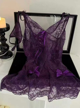 80-160斤大码女士紫色姐姐纯欲吊带睡裙镂空蕾丝透明床上性感睡衣