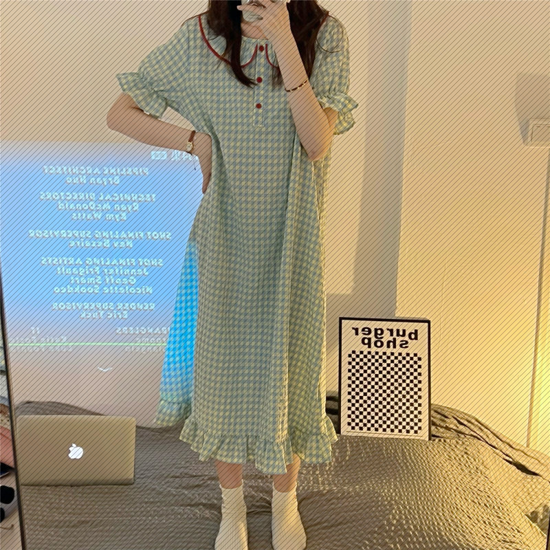 娃娃领短袖睡衣女款夏季甜美可爱韩版格子睡裙风家居服