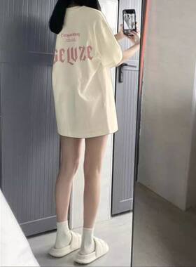 设计感印花短袖T恤女ins潮学生韩版时尚美式复古中长款宽松上衣潮