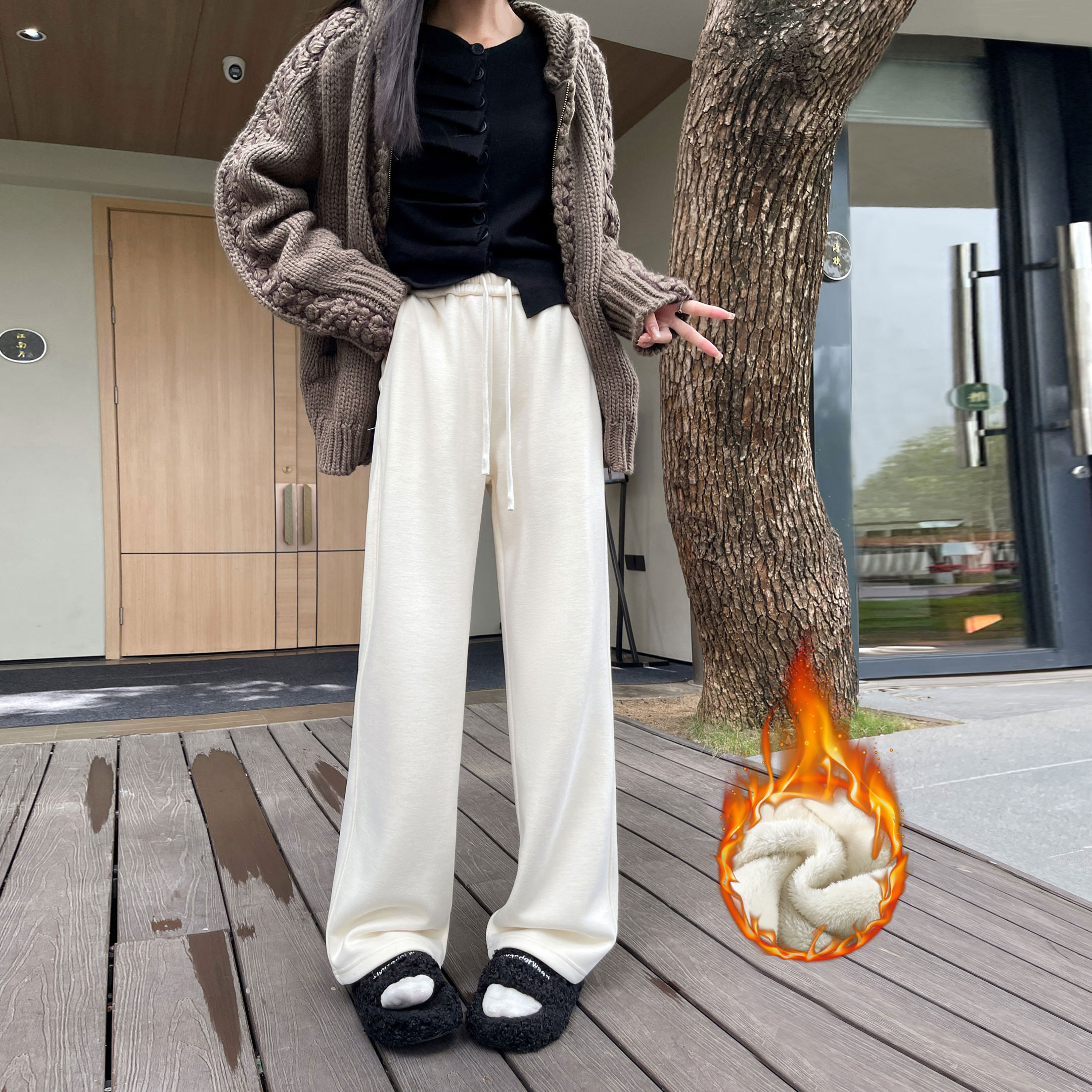 羊羔绒裤子女冬季加厚羊毛阔腿裤