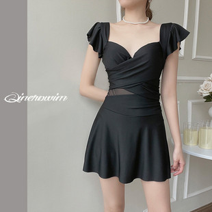 显瘦修身 钢托聚拢保守泳装 温泉度假 连体纯色气质裙式 2026泳衣女款