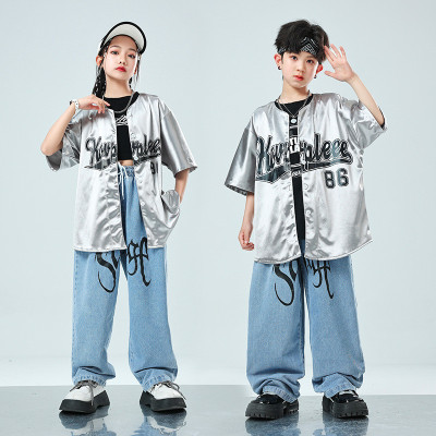 儿童酷帅银色棒球服摇滚演出服