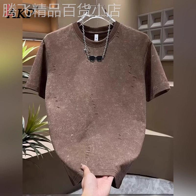 高端破洞短袖t恤男士2026新款夏季高级感痞帅圆领半袖体恤男款潮