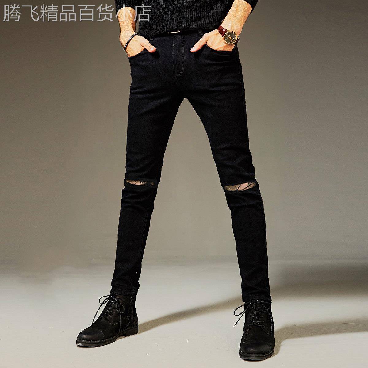 男士纯黑色一字破洞牛仔裤男潮牌宽松夏季薄款弹力九分裤修身小脚