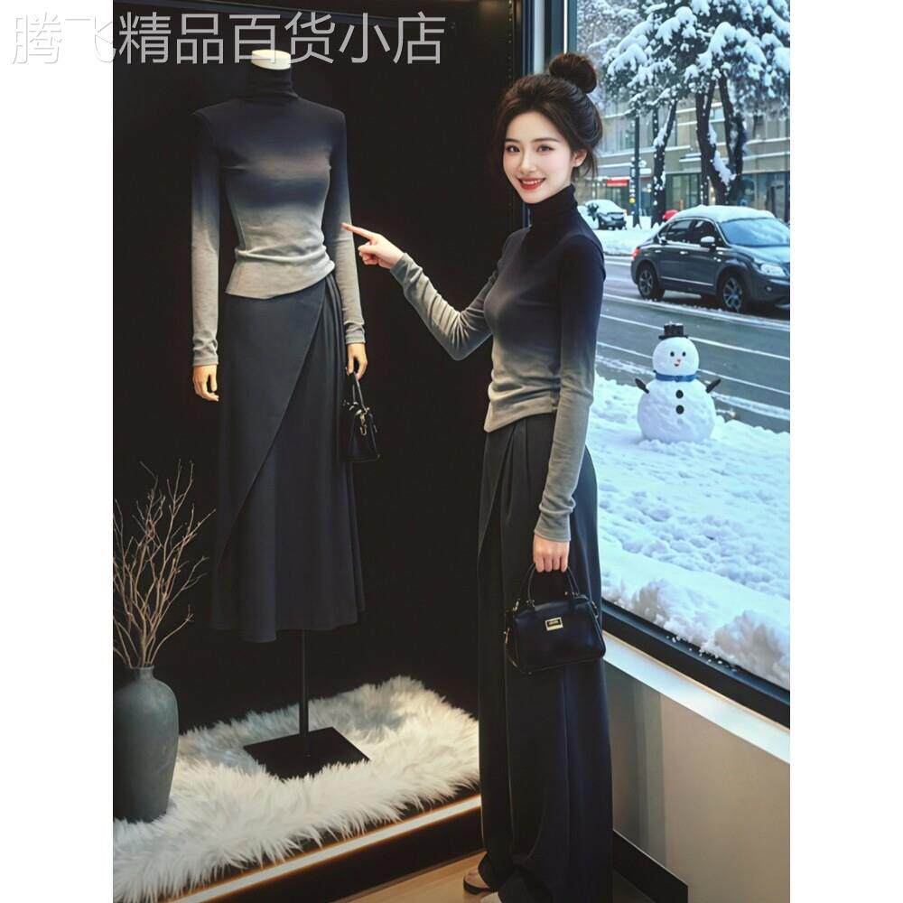 日系渐变色高领针织打底衫女秋冬季高级感修身内搭堆堆领正肩毛衣