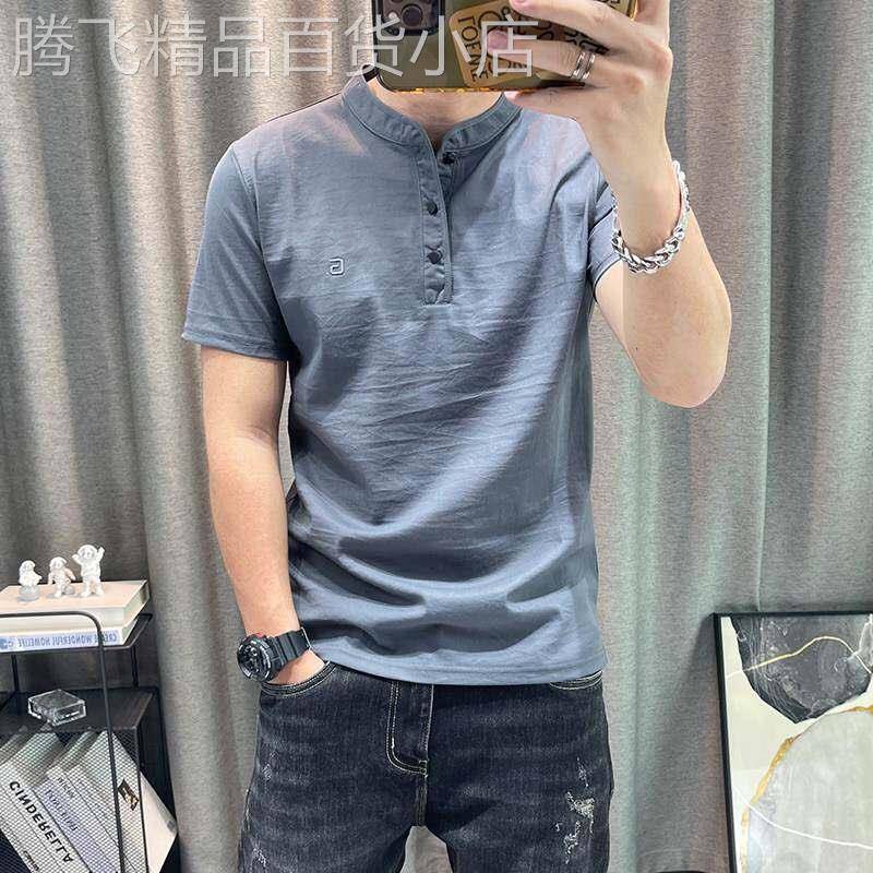 立领刺绣短袖t恤男士夏季高端棉麻半袖T恤潮牌修身痞帅休闲上衣