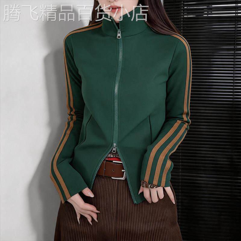 美式复古立领绿色条纹双拉链短外套女2026秋季新款欧货修身上衣潮