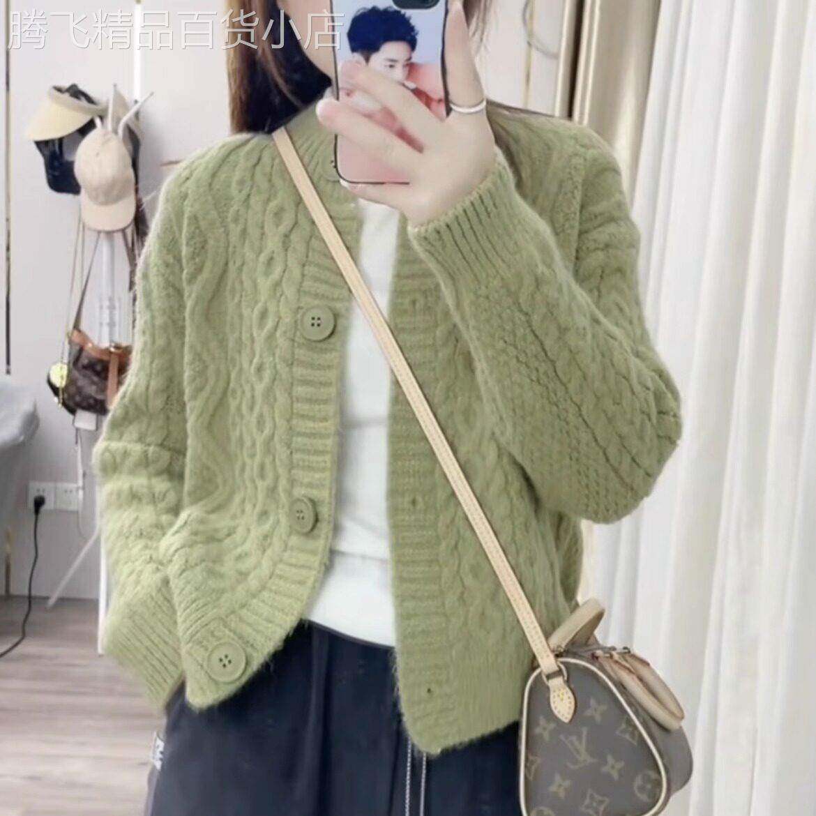 绿色麻花毛衣开 衫外套女秋冬2025新款宽松外穿慵懒风加厚针织上