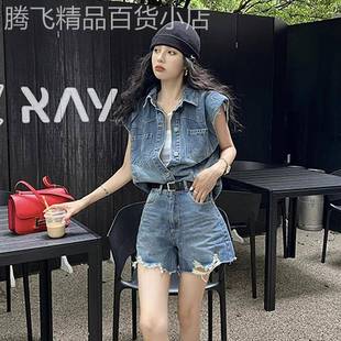 潮牌港风辣妹牛仔短裤套装女夏季减龄高级时尚炸街网红职业两件套