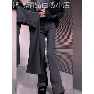 加绒加厚微喇西装裤女秋冬欧货大码胖mm设计感高腰显瘦黑色喇叭裤