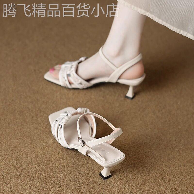 香港真皮一字带高根凉鞋女夏季2026新款法式绝美配裙子低跟高跟鞋