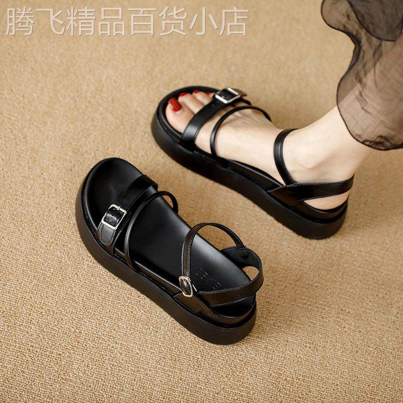 真皮厚底增高凉鞋女2026年新款夏季百搭配裙子一字带扣罗马凉鞋子