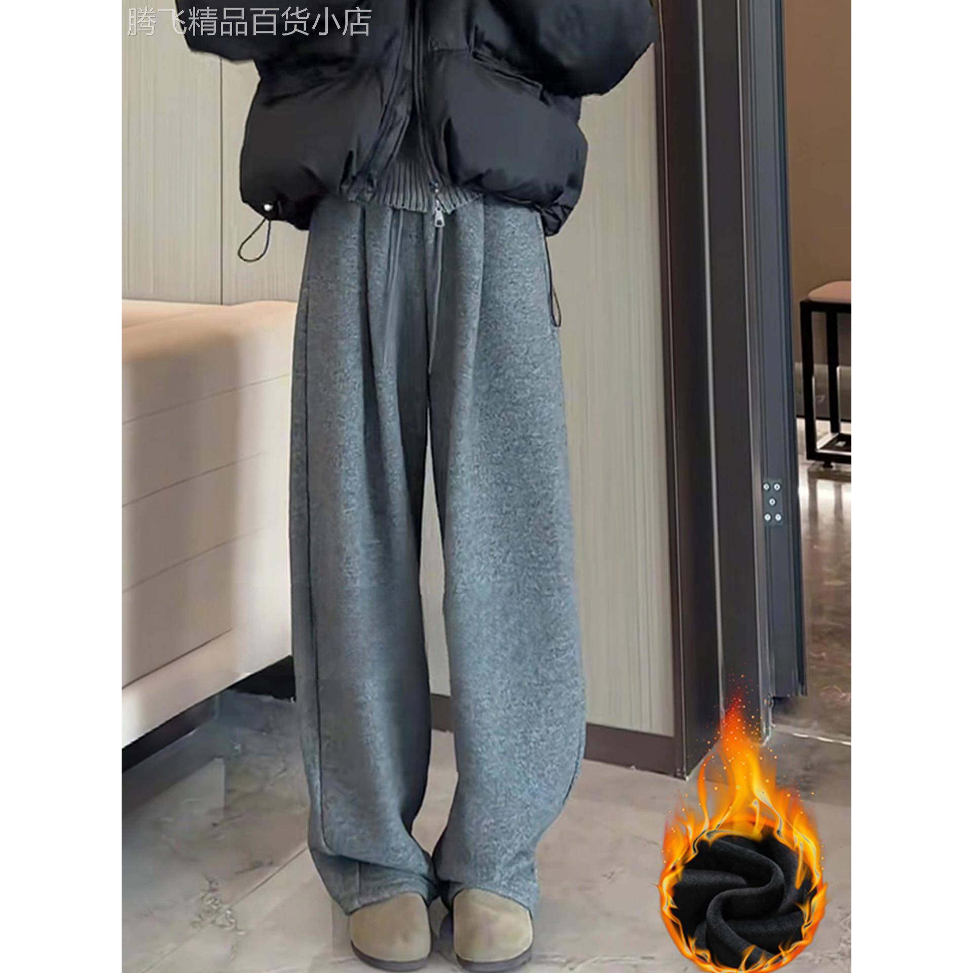 灰色毛呢直筒西装裤女秋冬2025新款大码高腰垂感显瘦阔腿弯刀裤子