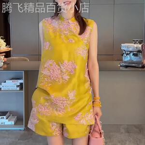 新中式国潮提花无袖女2026年夏季新款轻奢质感黄色高端大尺码套装