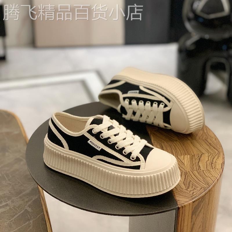 店主自留新款~透气浅口帆布鞋女2025夏黑色厚底增高饼干休闲板鞋
