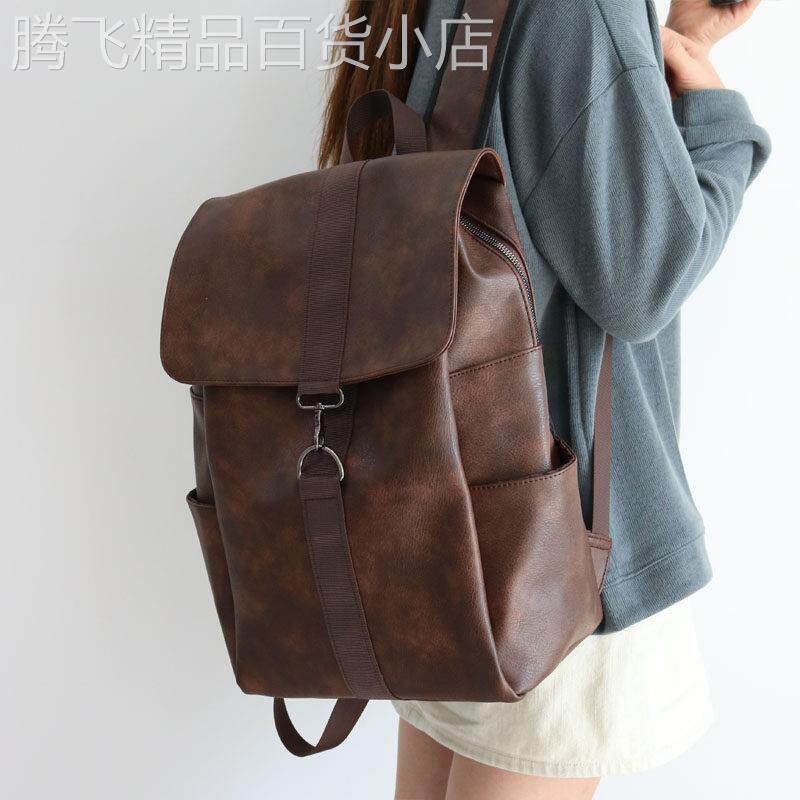 香港书包女高中韩版原宿质感校园百搭大学生背包通勤真皮双肩包潮