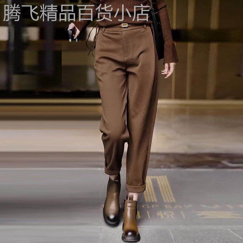 咖色九分毛呢裤女秋冬高腰哈伦裤子2025年新款休闲西装烟管裤子潮