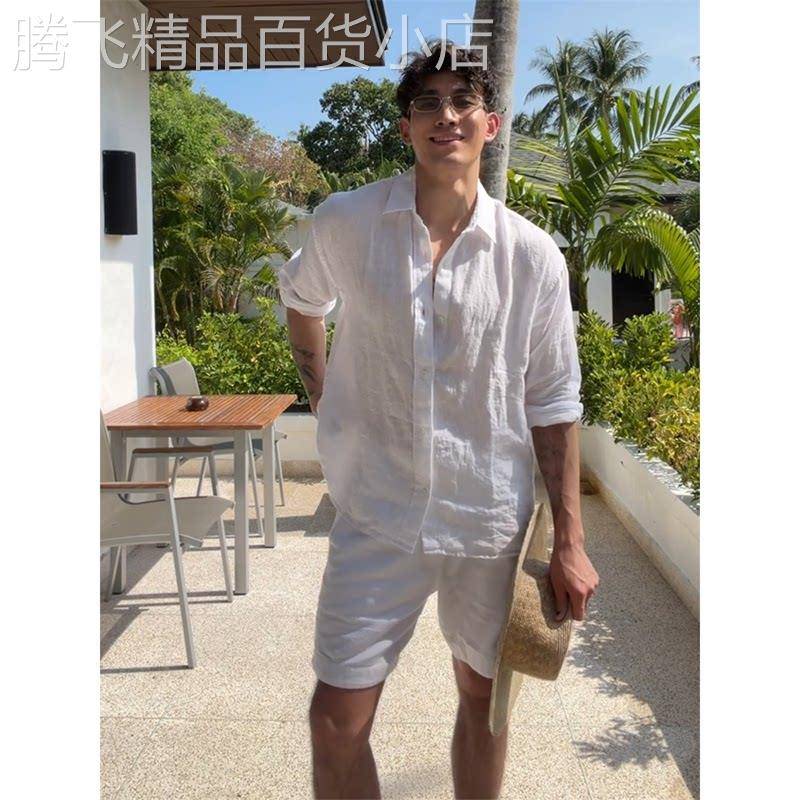 夏季薄款纯色衬衫套装男透气休闲防晒长袖衬衣短裤老钱风两件套